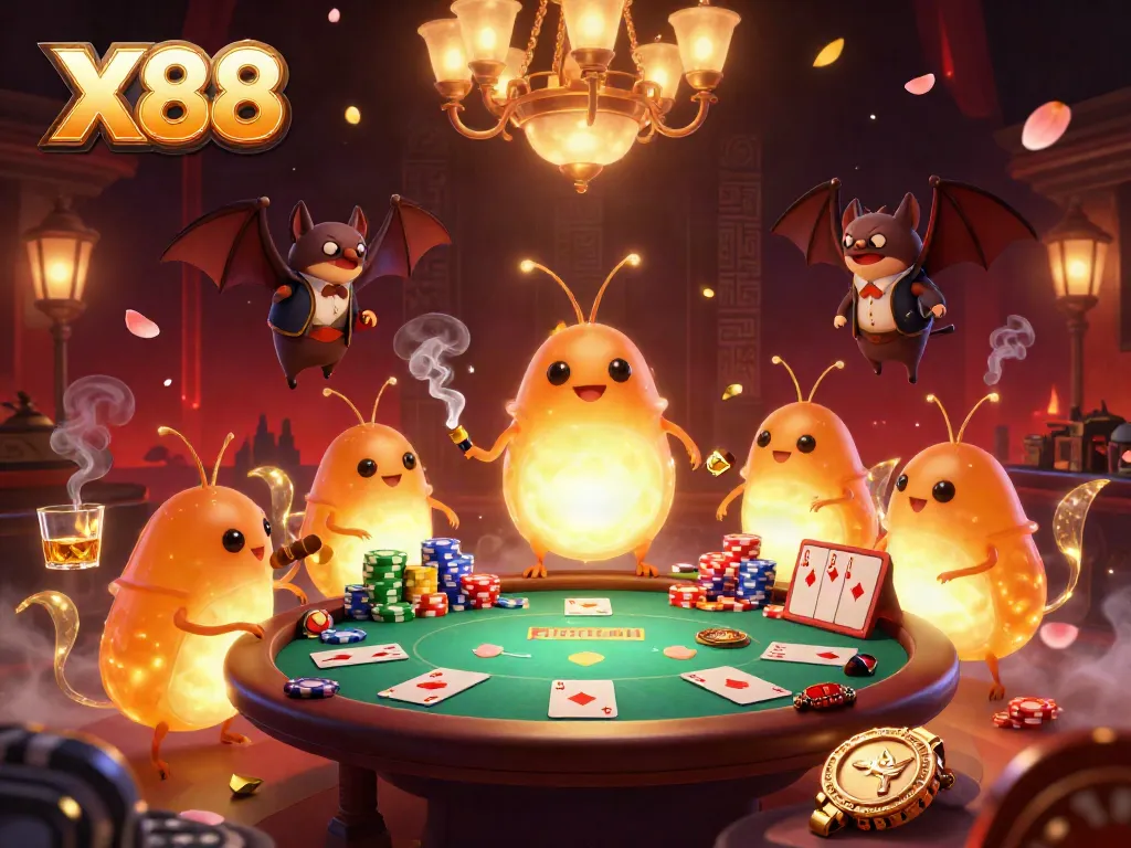 Experience the vibrant glow of X88 as cartoon glowworms animate a lively casino scene.