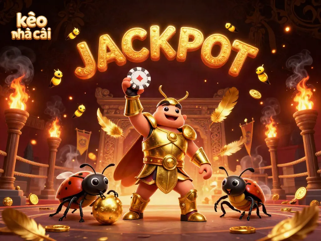 Experience winning moments with kèo nhà cái, illustrated by a heroic beetle celebrating victory in a dynamic casino scene.