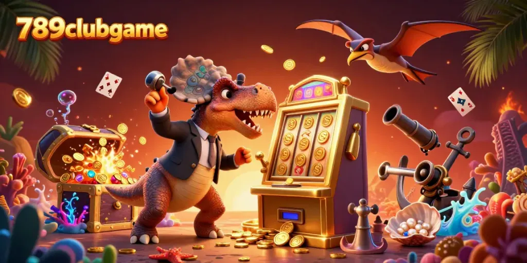 Experience exciting jackpots at 789clubgame, as a pachycephalosaurus interacts with a golden slot machine amidst flying coins.