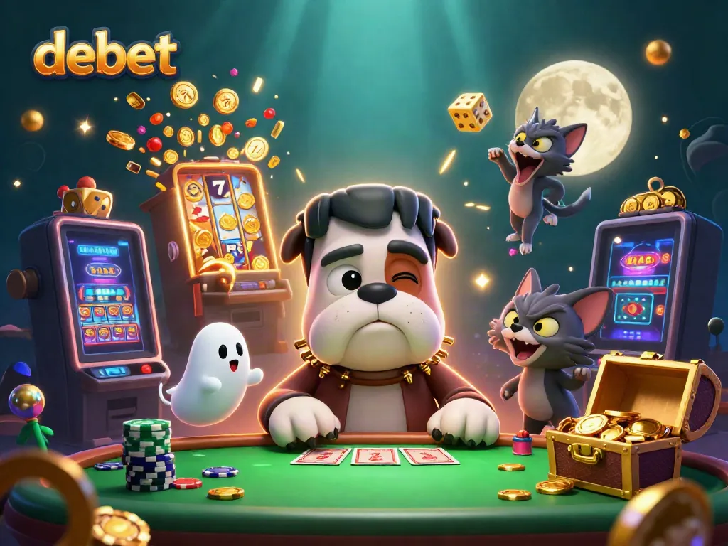 Experience debet gaming excitement with a spooky casino scene featuring a card-dealing monster and a ghostly mouse.