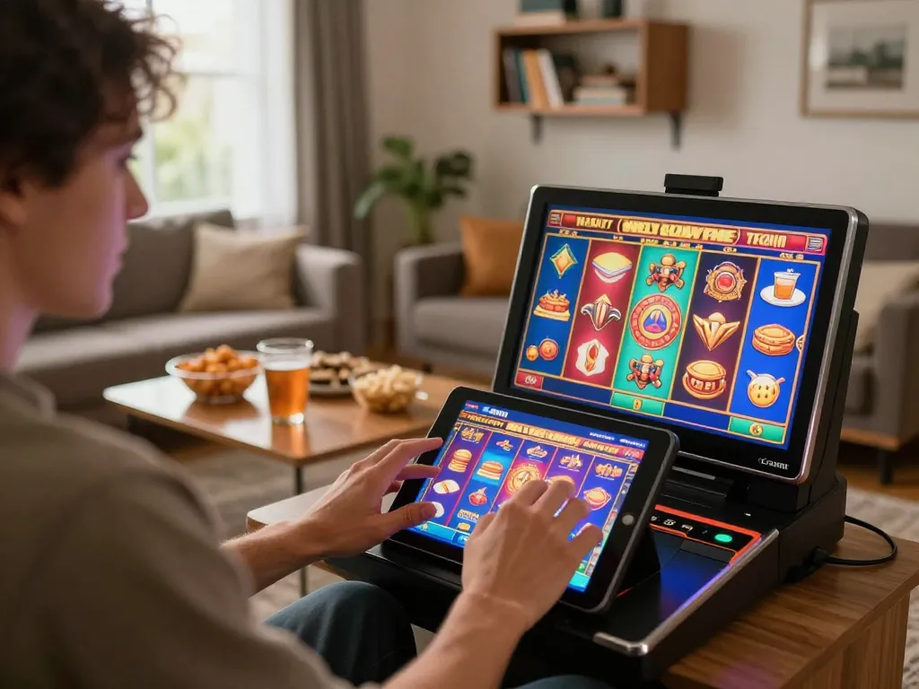 Enjoying the thrill of pucuk138 slot games on a tablet in a cozy environment