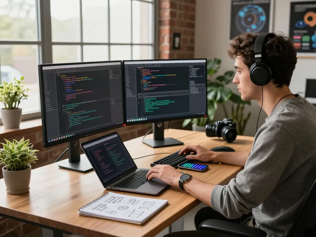 Innovative workspace at https://1gom.farm/ showcasing a developer coding on dual monitors in a bright, modern office.