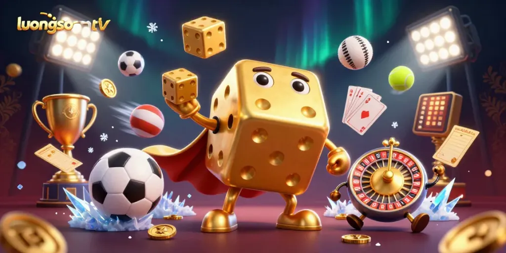 Experience sports betting excitement with luongsontv's dynamic illustration of golden dice and vibrant sports elements.