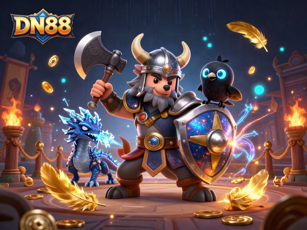 Engage with DN88 in a vibrant, animated casino battle featuring warriors and gold coins.