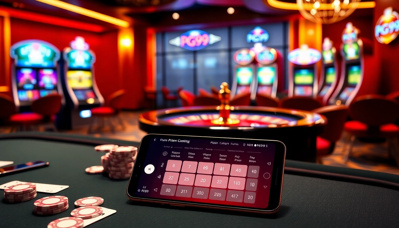 Experience the excitement of PG99 online gambling with vibrant poker chips and a roulette wheel.