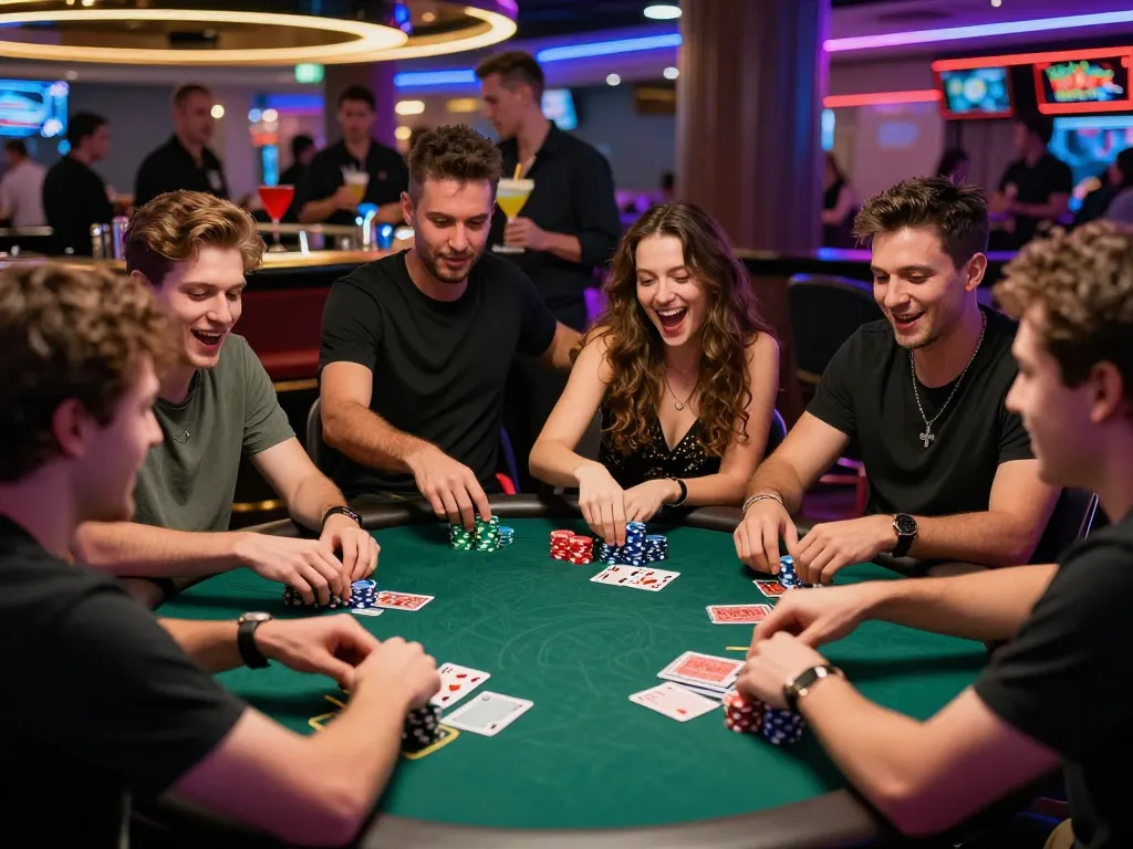 Group of friends enjoying https://gem88.com.mx/ poker game in vibrant casino atmosphere.