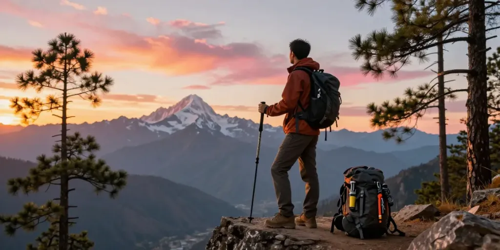 Vista del Manaslu Trek con un viajero en el borde de un acantilado durante el atardecer