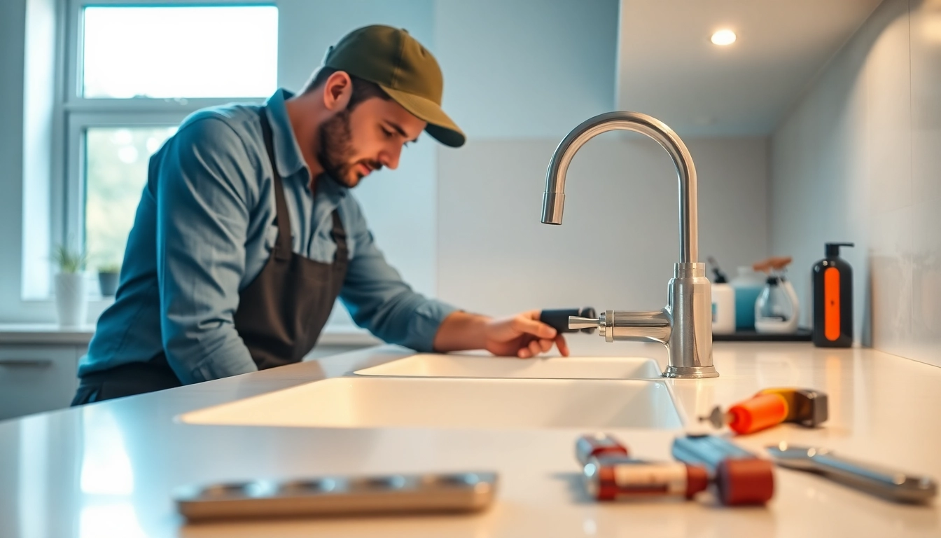 Find a skilled plumber near me fixing a kitchen sink with precision and care.