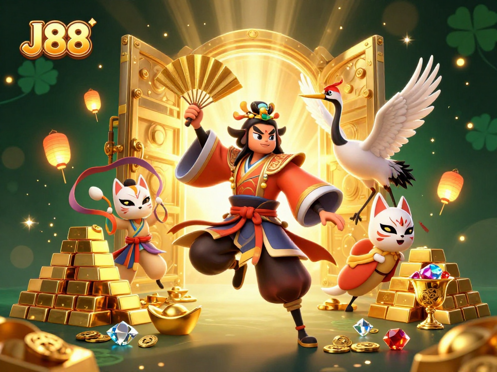 Experience thrilling gameplay at J88 with a dynamic casino scene featuring vibrant characters and treasures.