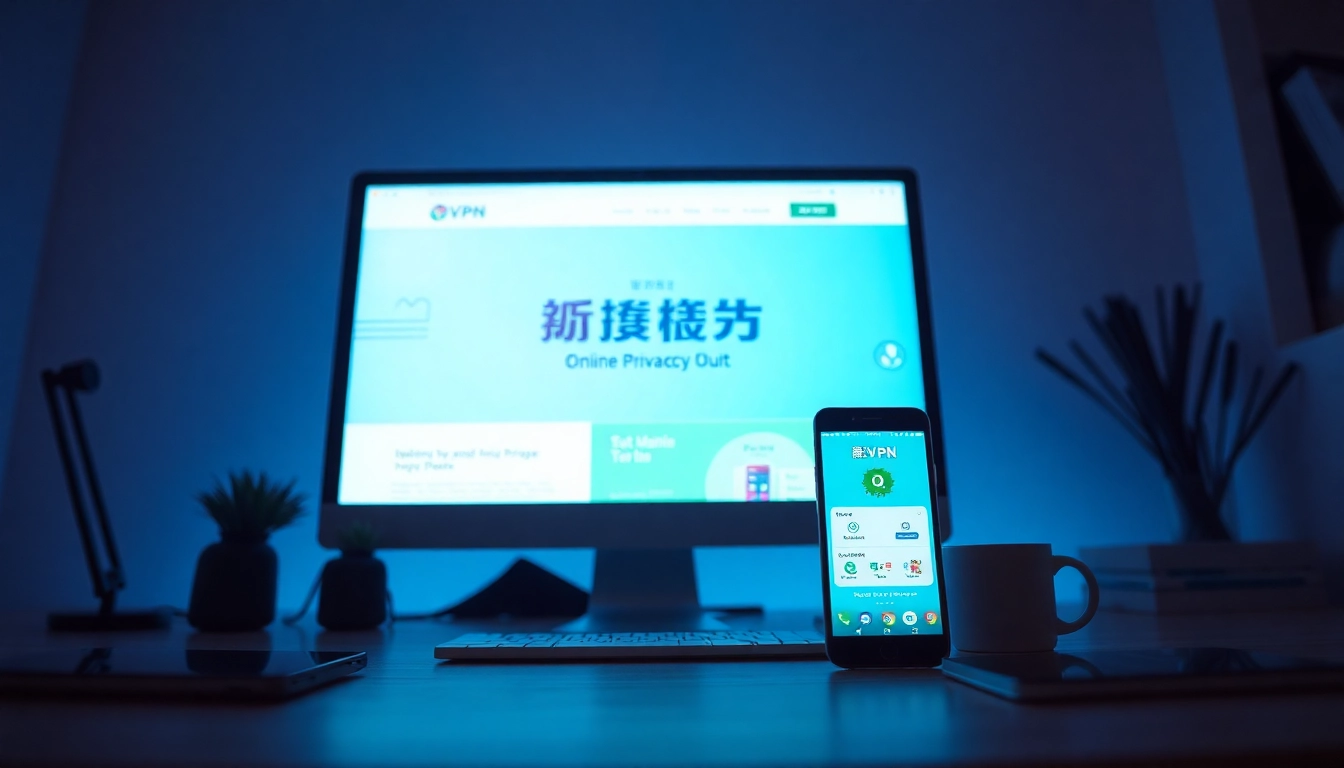 在配有科技设备的现代工作区中显示的快连官网界面。