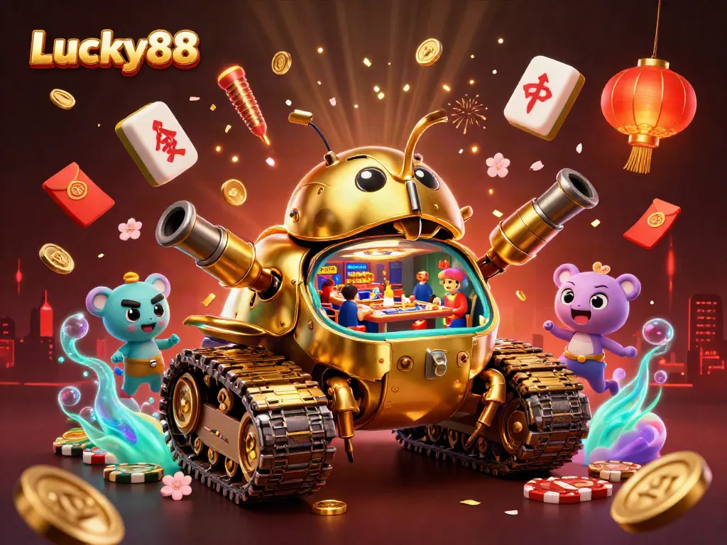 Experience the excitement at Lucky88 with a vibrant 3D casino illustration featuring dynamic elements and rich details.