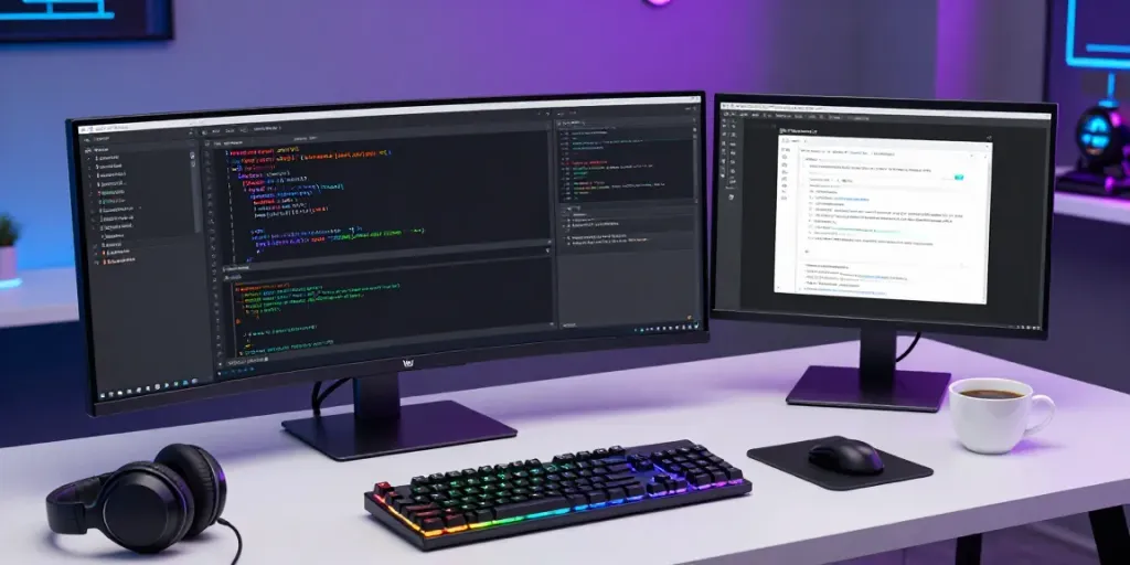 Buy .co.uk domain in a modern tech workspace with coding setup and innovative software tools.