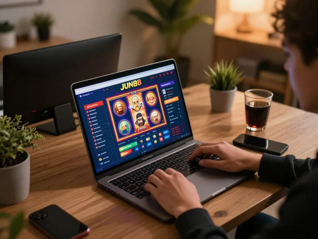 Player engaging with JUN88 casino app on a laptop in a cozy home setting