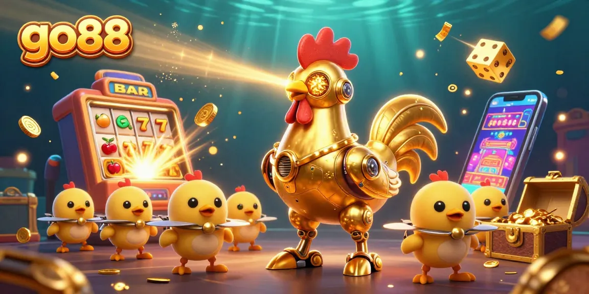 Experience the thrill of go88 with a dynamic scene of gaming excitement, featuring a golden rooster robot and baby chick drones.