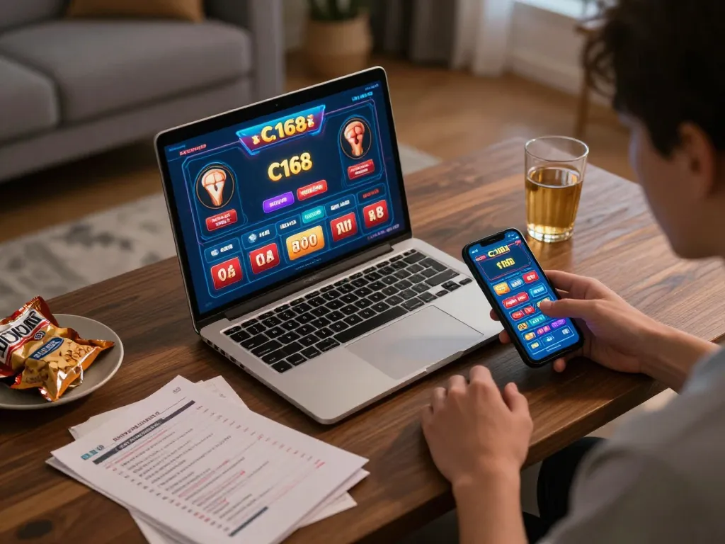C168 online betting interface displayed on a laptop, capturing strategic gameplay in a cozy home setting.