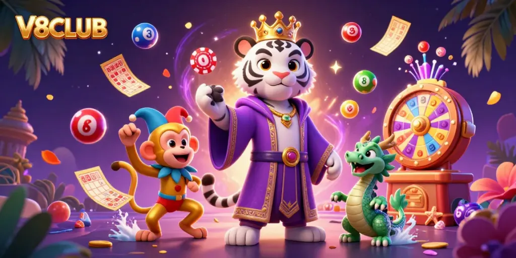 Engage in thrilling gaming with V8CLUB, featuring a vibrant casino scene with colorful elements.