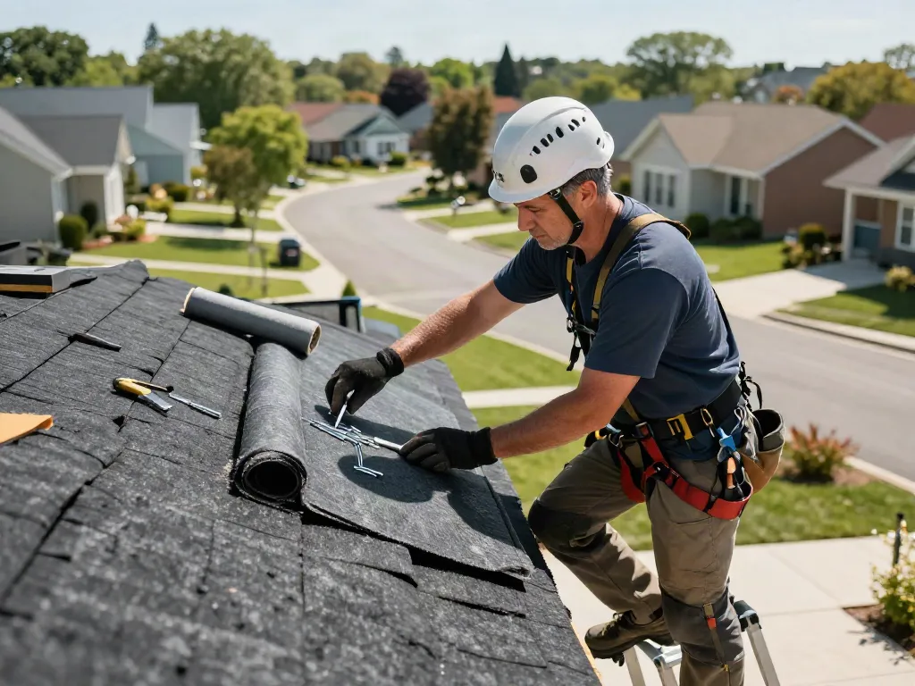 Roofer repairing felt roofing on a residential house with tools and sunny neighborhood backdrop, showcasing expert workmanship.