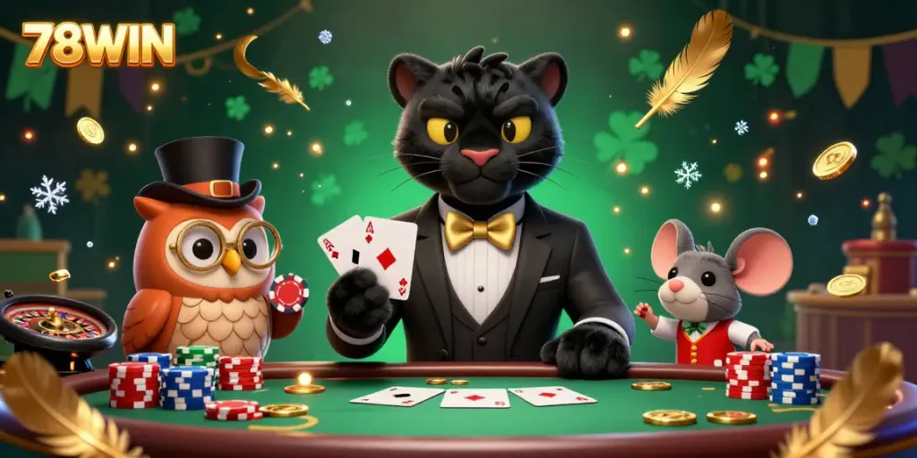 Experience the thrill of 78WIN with lively characters playing cards in a dynamic casino scene.