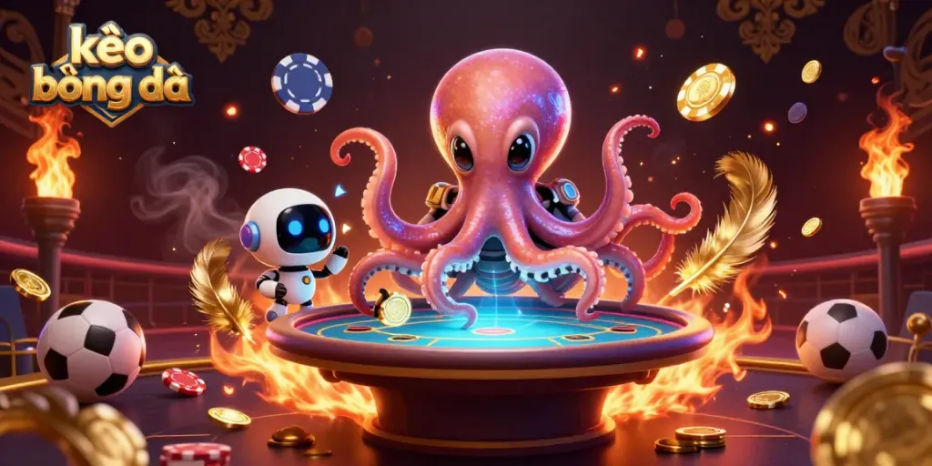 Engage with kèo bóng đá through a vibrant 3D scene of an alien octopus managing a futuristic poker game.