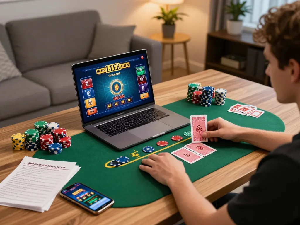Player engaging with a tg88 online casino app on laptop for strategic gambling.