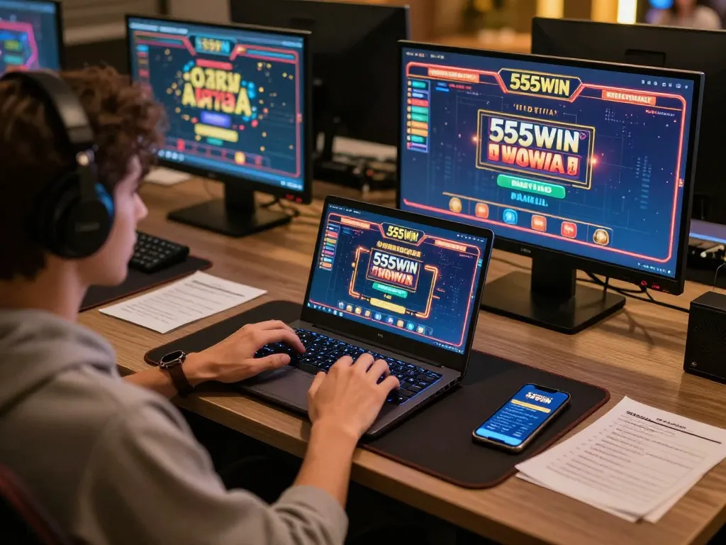 Engaged user playing 555WIN games on laptop, showcasing dynamic online casino experience.