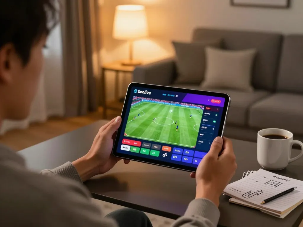 Socolive streaming live football with engaging user interface on a tablet in a cozy home setting.