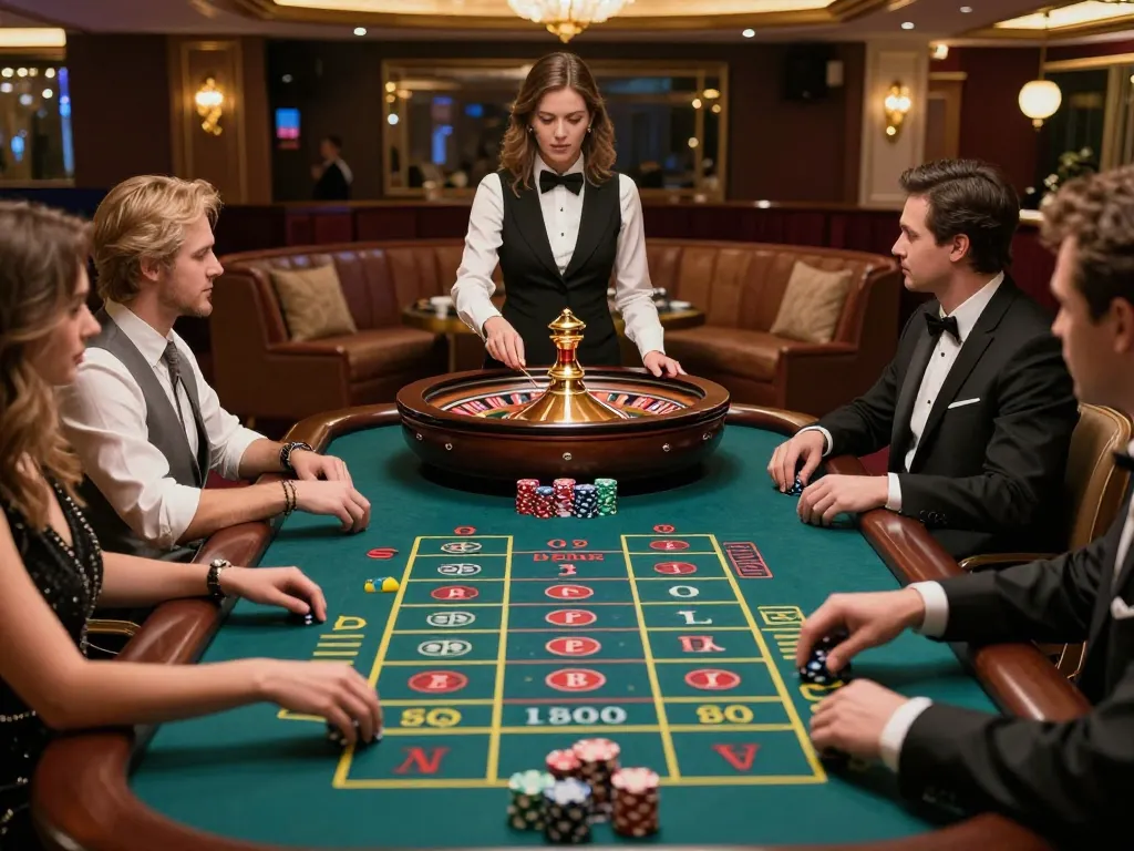 Experience the thrill of betting at CM88's luxurious roulette table with eager players and a focused croupier.