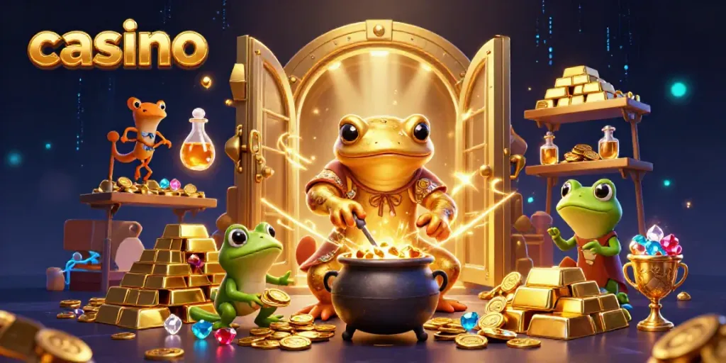 Casino scene with a golden salamander alchemist and magical gold elements in a vibrant setting.