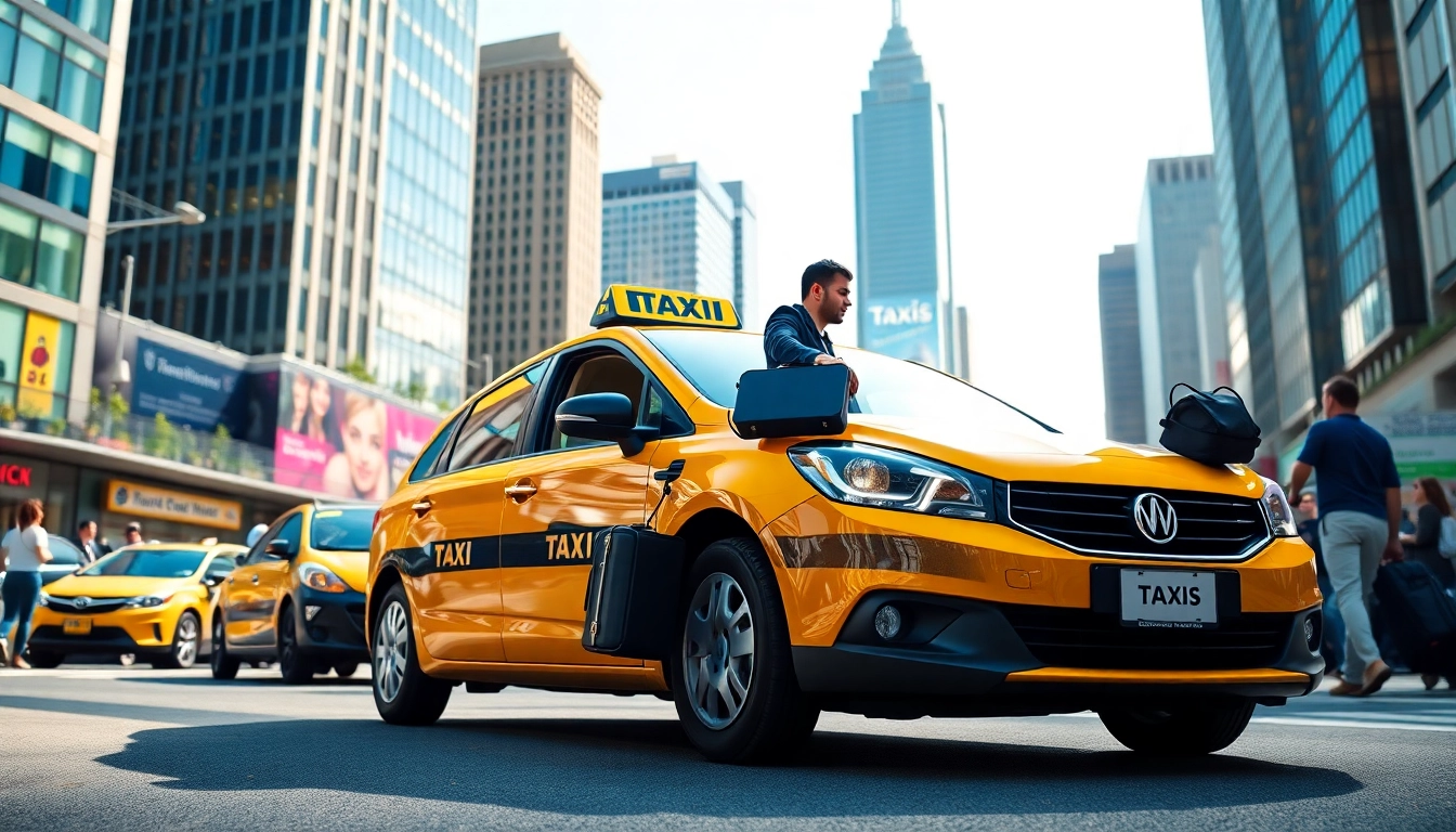 Taxi helping passengers with luggage in a vibrant city scene.