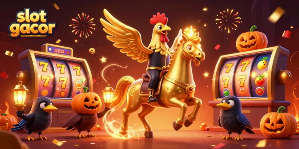 Gambarkan slot gacor dengan karakter ayam jantan emas yang membawa kepalanya, dikelilingi mesin slot dan simbol keberuntungan.