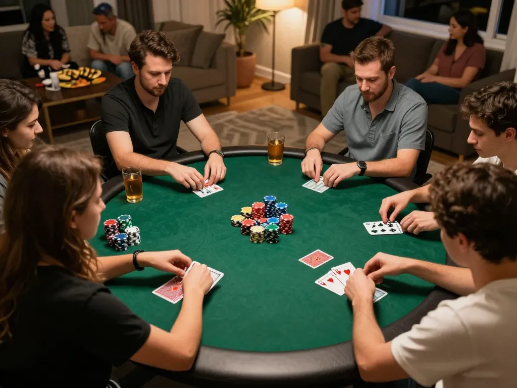Engaged players strategizing during an SHBET poker game night at home.
