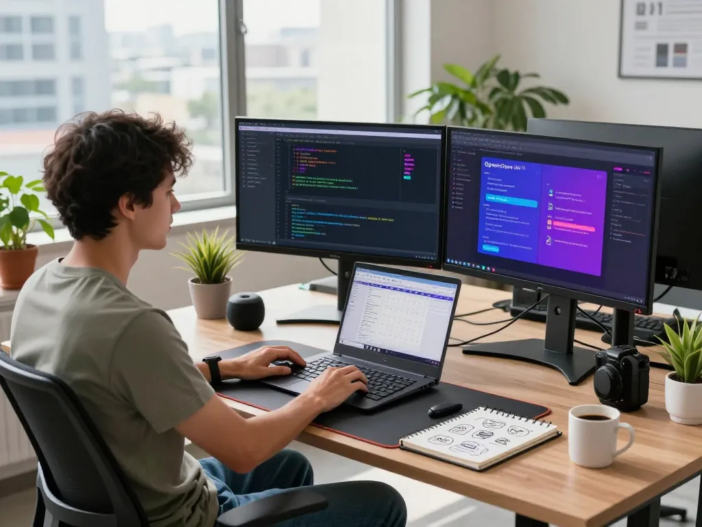 Innovative workspace illustrating a developer using Open Claw AI on dual monitors in a bright office setting.