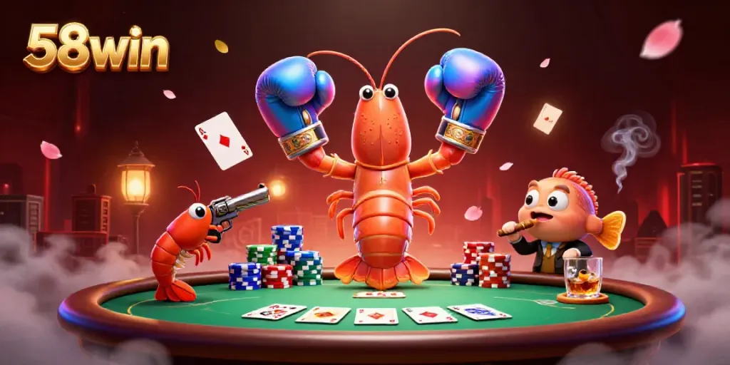 Engage in thrilling poker action with vibrant 3D illustration of 58win casino featuring cartoon shrimp characters.
