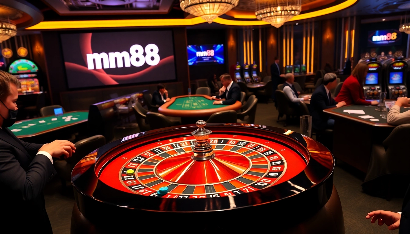 Players enjoying high-stakes roulette at mm88 casino with glamorous decor and vibrant atmosphere.