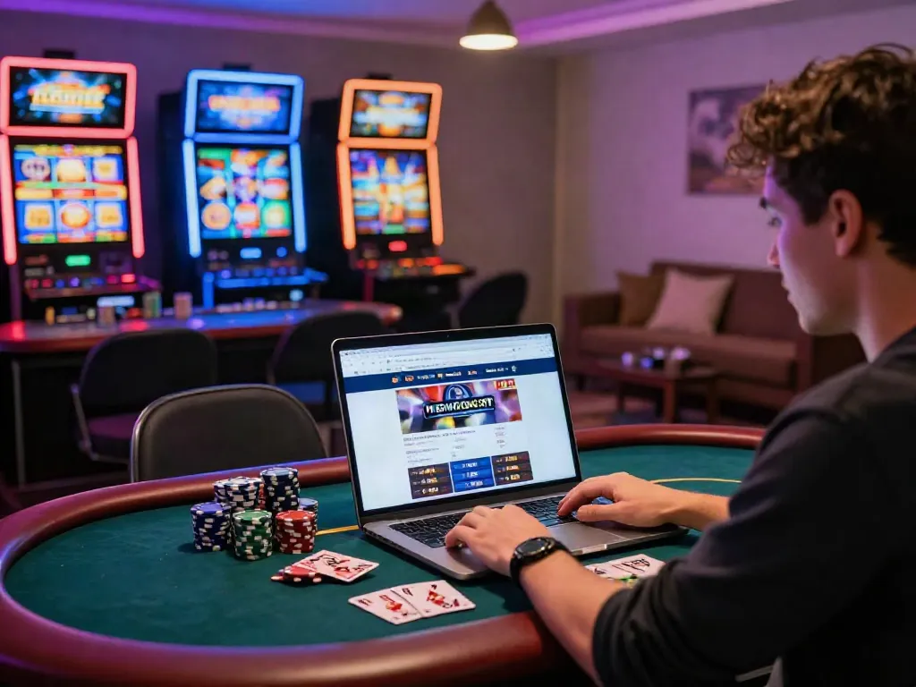 Exciting scene of a player exploring casinos not on Gamstop UK with vibrant gaming options.