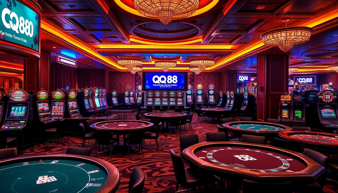 Gamblers enjoying exciting casino action at QQ88 with vibrant gaming tables and slot machines.