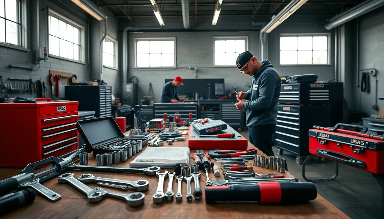 Professional workshop featuring USAG tools like wrenches and toolboxes in use.