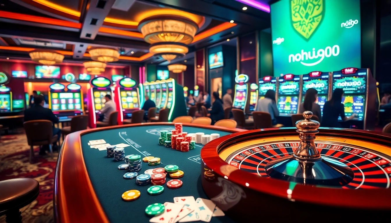 A thrilling casino environment showcasing nohu90 on the slot machines, with excited players and vibrant gaming tables.