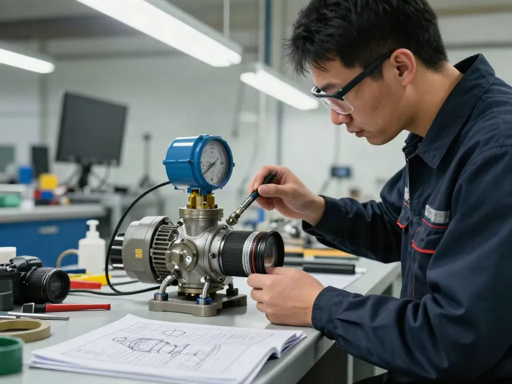 Technician examining a water pump pressure switch in a well-lit industrial workshop.