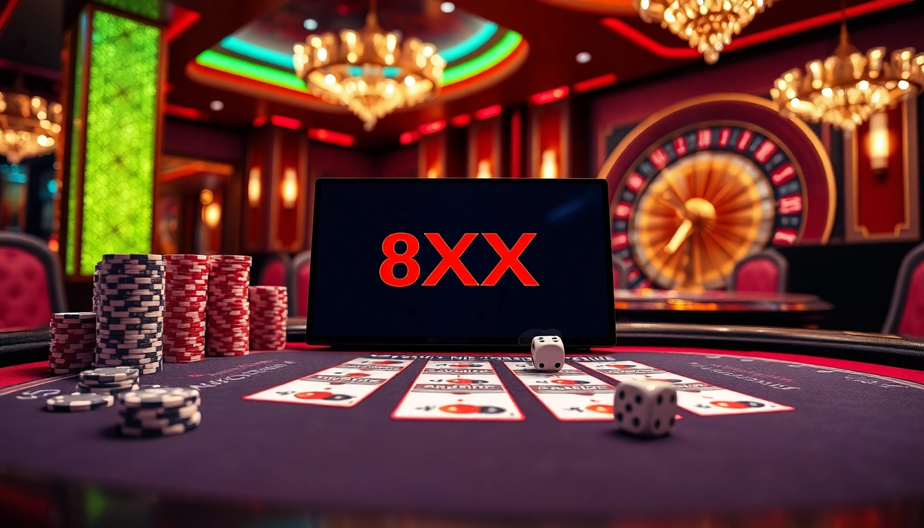 Experience high-stakes gambling at 8XX's elegant blackjack table amidst the luxury of a vibrant casino.