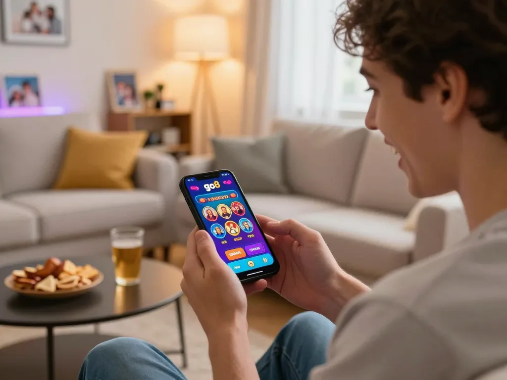 Person enjoying a win on the go8 casino app in a cozy home setting, surrounded by snacks.