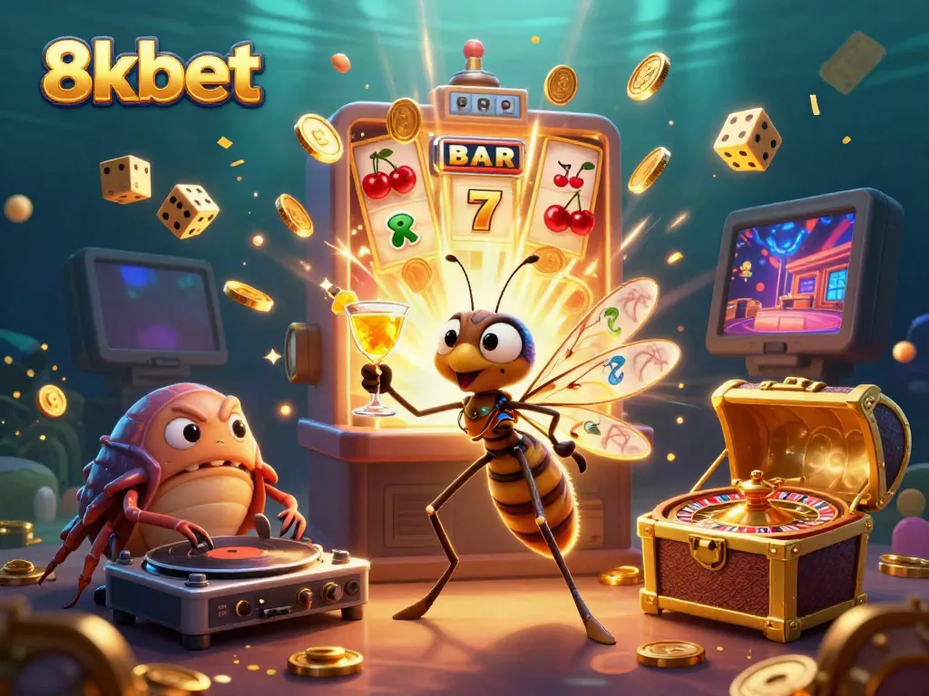 Experience the lively world of 8xbet with a unique casino mascot scene bursting with colors and fun.