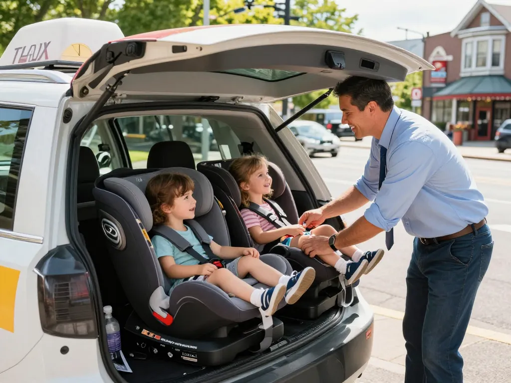 Baby seat taxi with family-friendly driver installing a secure car seat for children in a clean taxi.