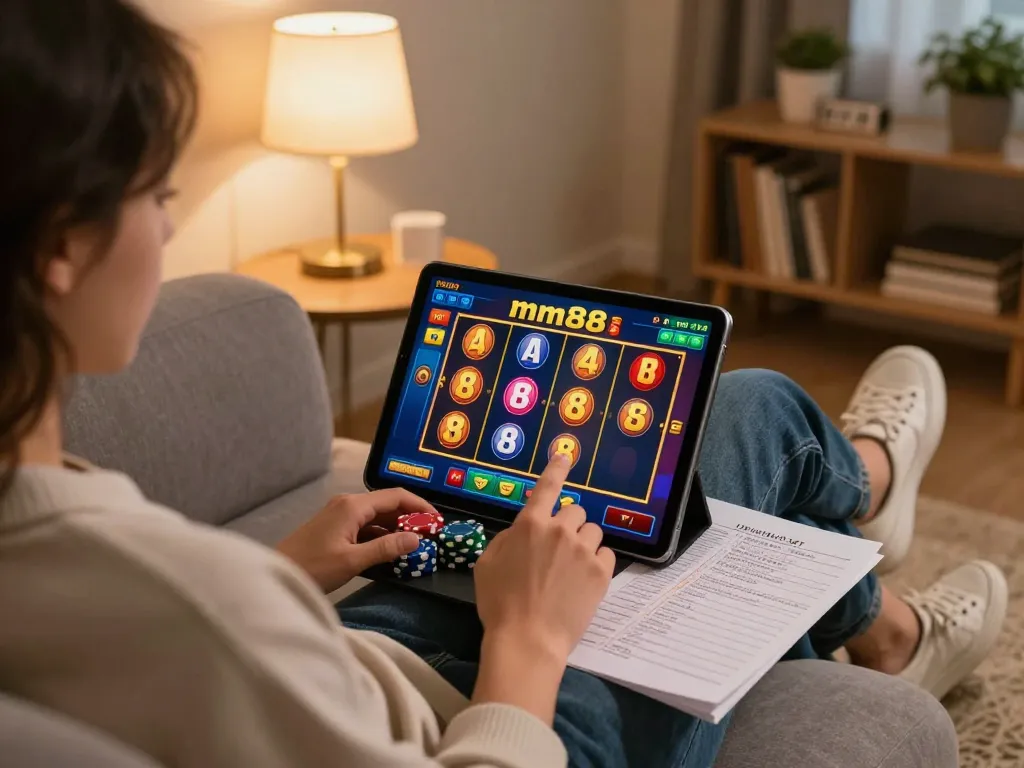 Enjoying a dynamic gaming session on casino mm88 slots from home with a tablet in a cozy setting.