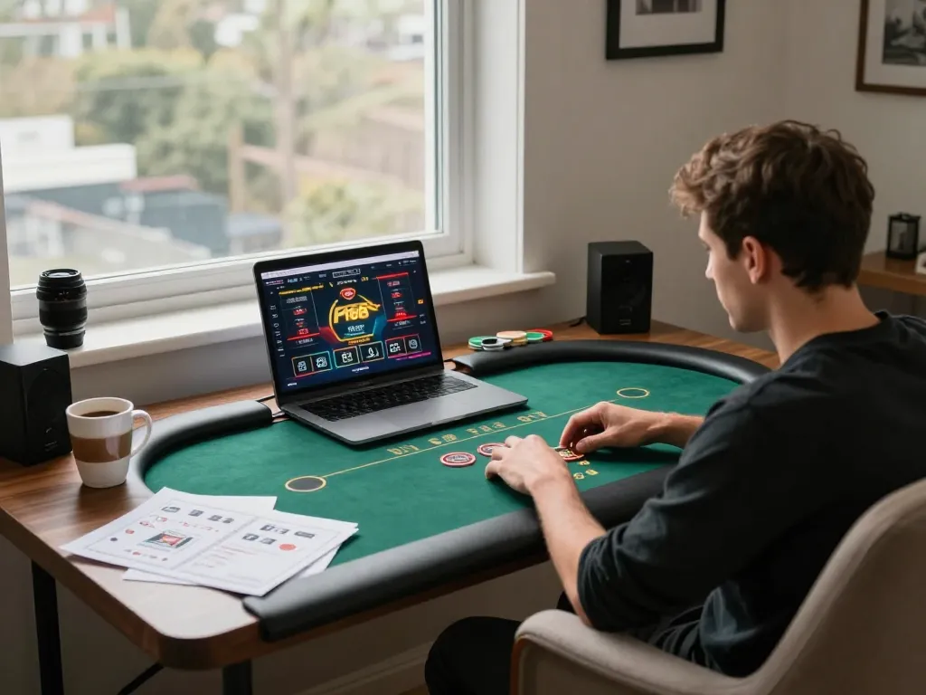 Engaging in F168 online poker from cozy home setup with laptop and strategy notes