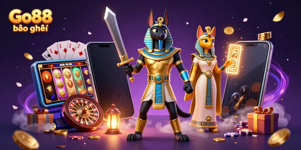 Engage with Go88 bảo mật while enjoying a vibrant 3D casino scene filled with dynamic gaming elements.