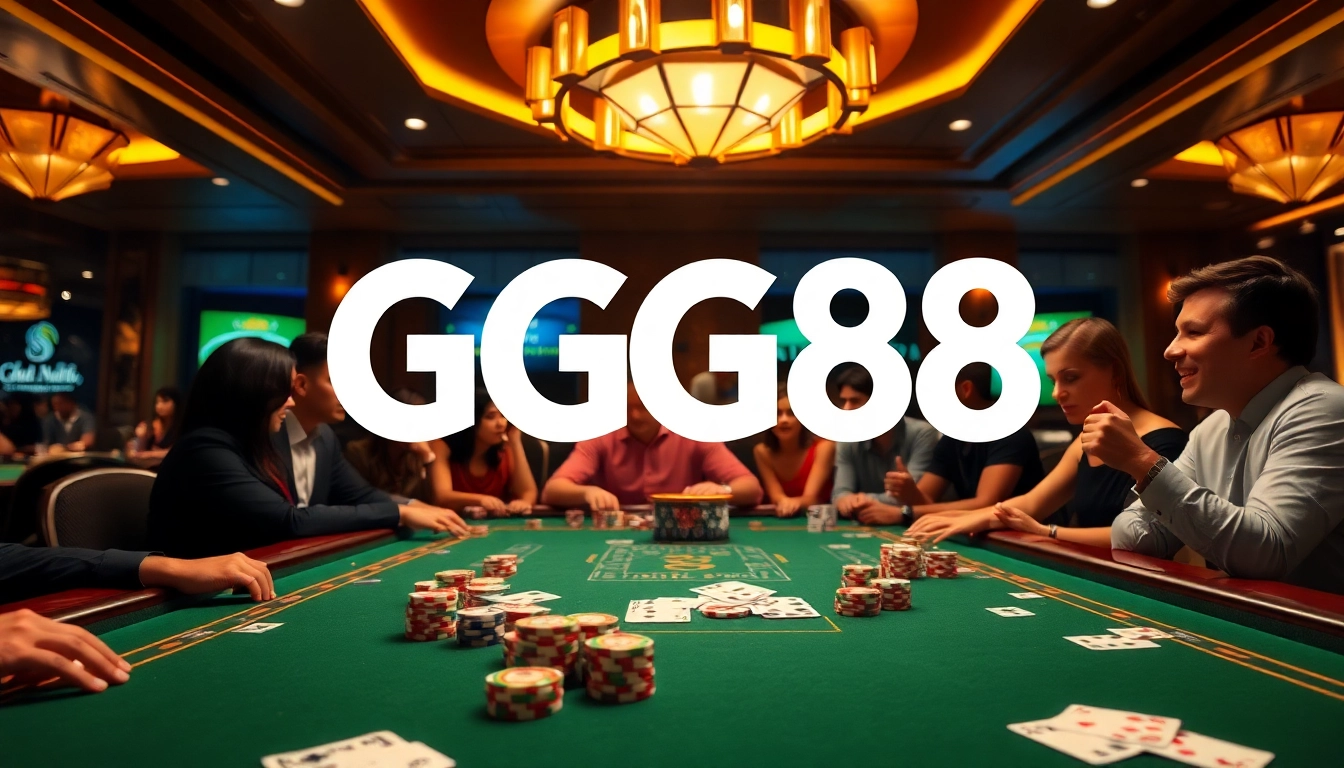 Exciting casino atmosphere with GG88 logo, showcasing thrilling gambling at a vibrant table.