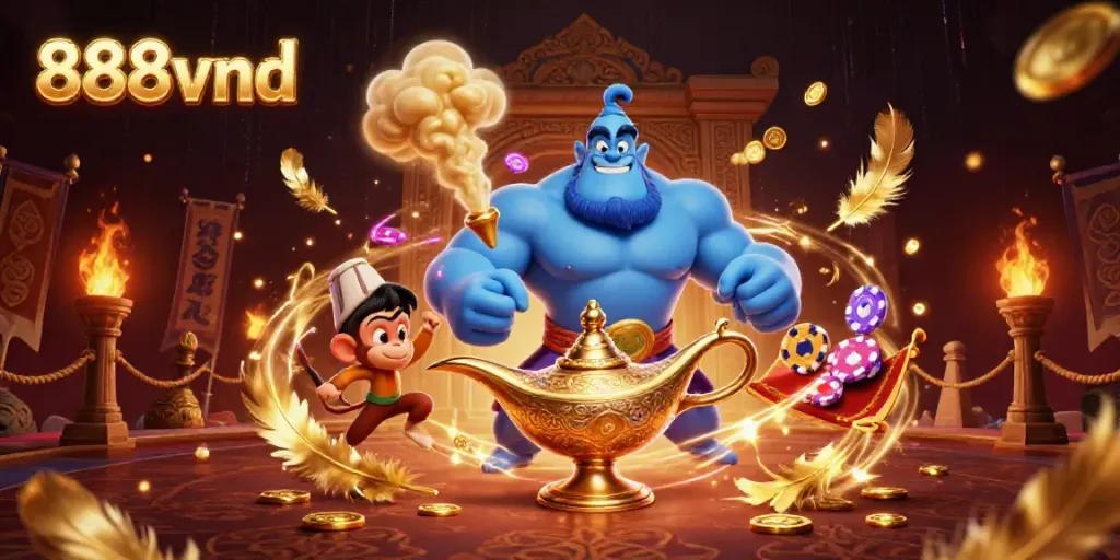 Experience the thrilling world of 888vnd casino adventures with exciting visuals of a genie, monkey, and magic carpet.