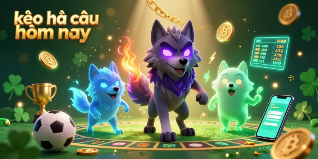 Engage with kèo nhà cái hôm nay in this vivid sports betting-themed illustration featuring animated wolves and cryptocurrency elements.