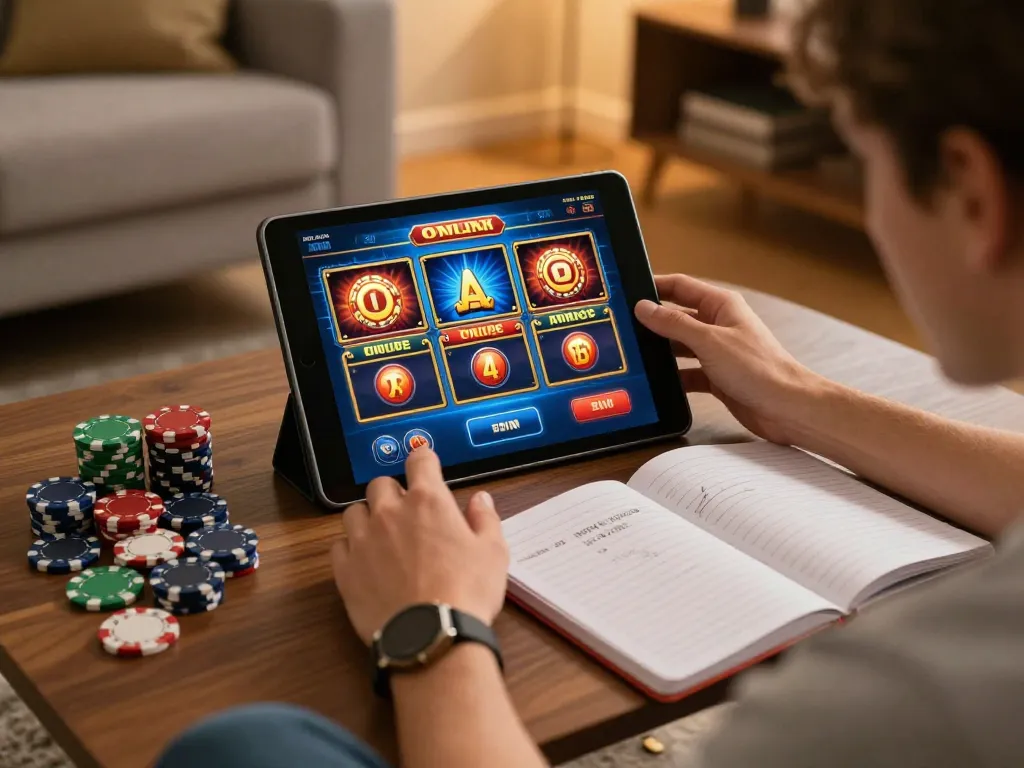 Engaging online gaming scene at home with luck8 slots on tablet and strategic notes.